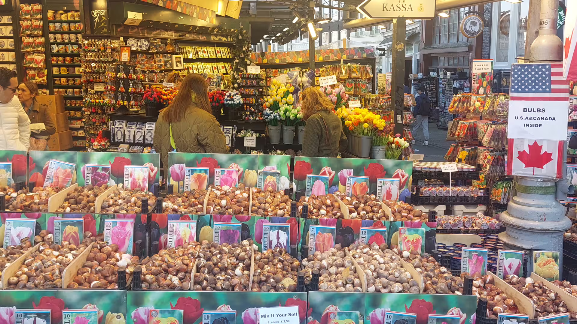 Amsterdam flower market stalls with tulip bulbs near canals, a popular stop on a 4-hour layover tour and cruise