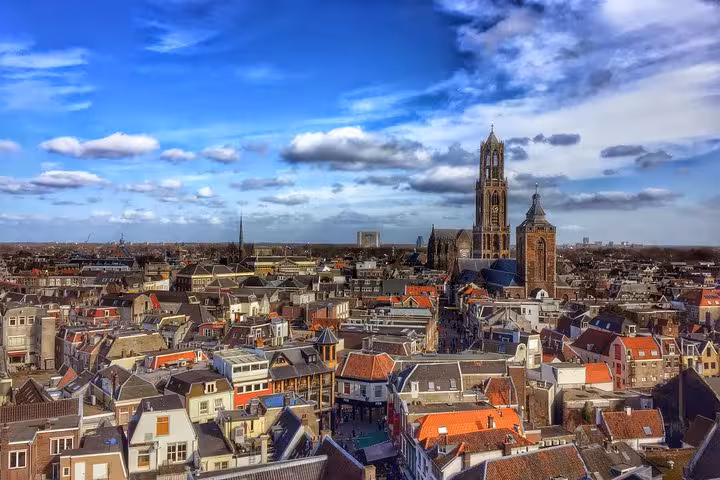 Panoramic Utrecht skyline with Dom Tower and rooftops, popular drop-off point for Amsterdam to Utrecht private transfer