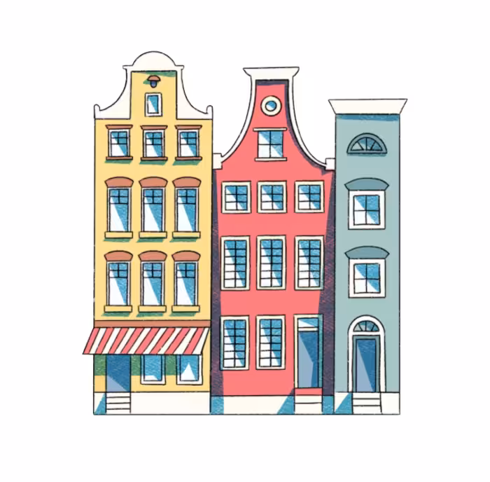 Colorful illustrated Amsterdam canal houses with distinctive Dutch stepped gable rooftops