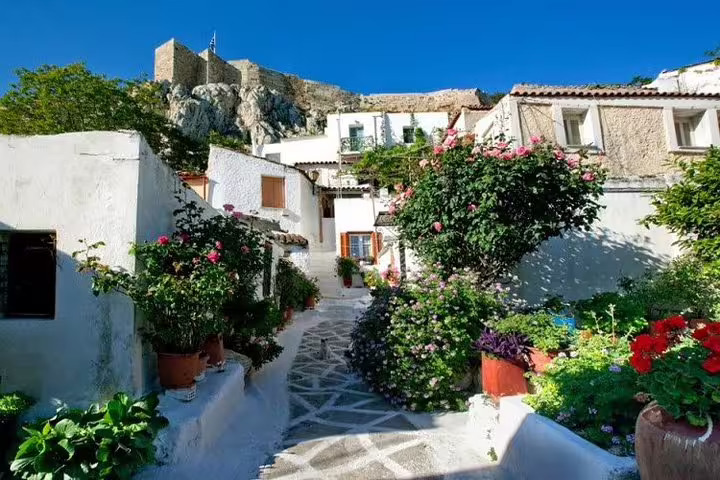 Anafiotika whitewashed houses and flowered lanes beneath the Acropolis on a full-day private Athens tour