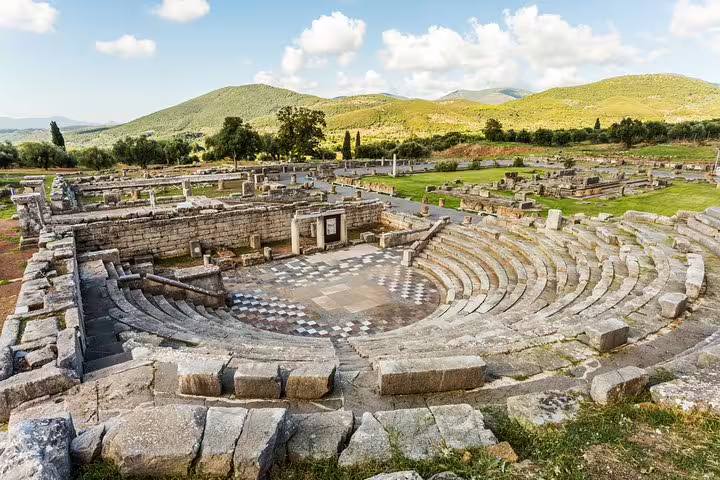 Ancient Corinth archaeological site amphitheater and ruins, scenic highlight of a half-day tour in Greece
