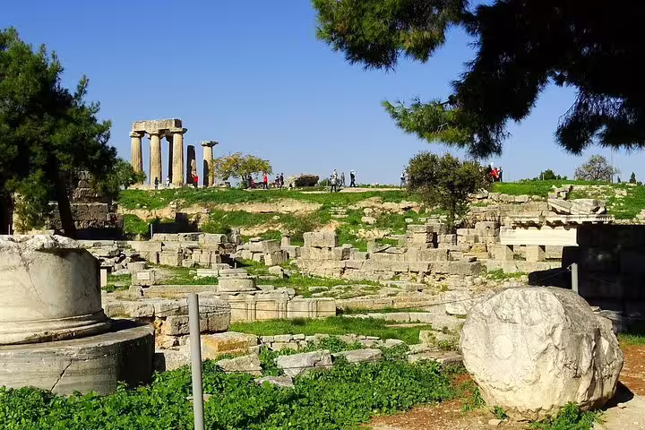 Ancient Corinth archaeological ruins near Corinth Canal on a private day trip from Athens with wine tasting