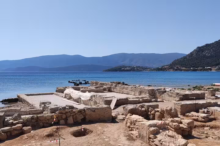 Ancient Corinth seaside ruins and stone foundations on 6-hour St Paul’s footsteps Biblical tour in Greece
