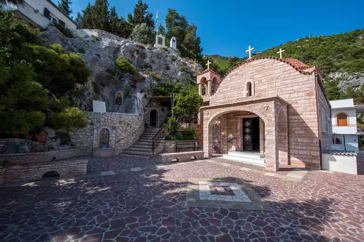Stone chapel built into hillside near Corinth, cultural visit on Ancient Corinth full-day private tour with lunch