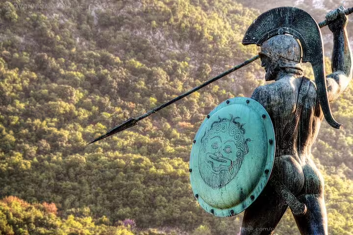 Ancient Greek warrior statue at Thermopylae stop on Meteora full-day private tour from Athens with lunch