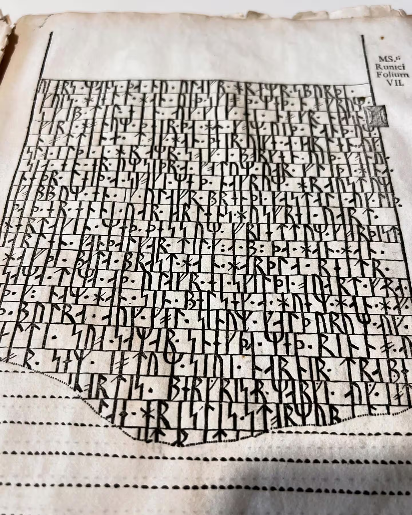 Ancient Icelandic runic manuscript page densely inscribed with Norse magic symbols from a historical grimoire