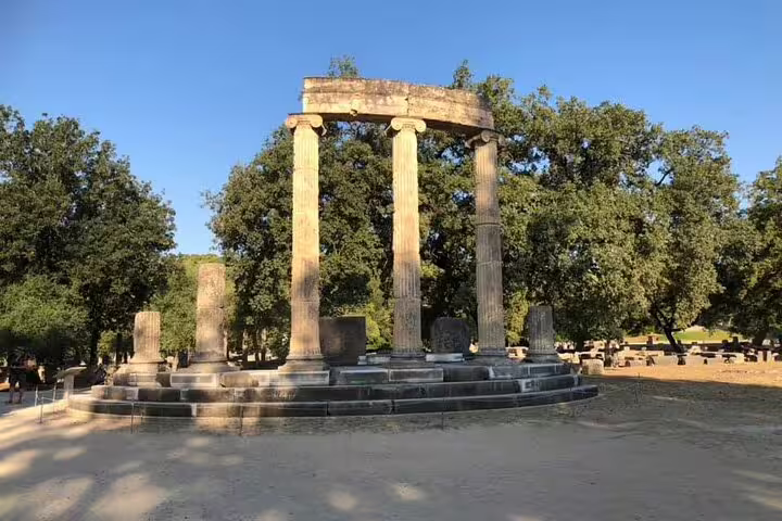Ancient Olympia Philippeion circular temple ruins, must-see stop on a 2-day Peloponnese sightseeing tour