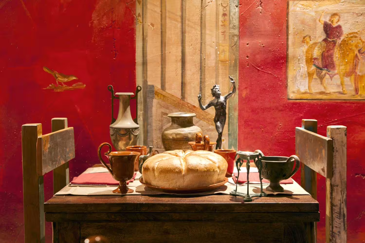 Authentic Roman-style lunch table in ancient Pompeii with rustic bread, terracotta cups and frescoed red walls