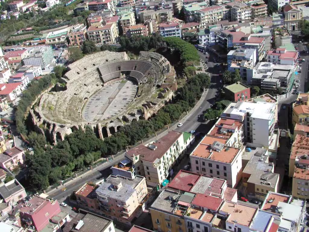 Aerial view of ancient Roman amphitheatre in Pozzuoli near Naples, visited on Pompei Ercolano Mt Vesuvio winery tour