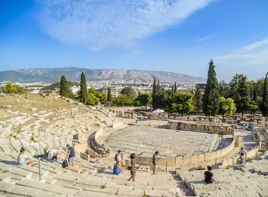Panoramic view of the Ancient Theatre of Dionysus on the Acropolis, Athens, on guided museum tour