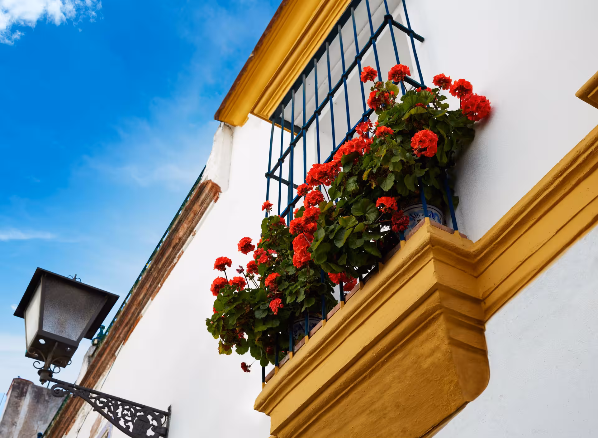 Charming Andalusian balcony with vibrant red flowers against a clear blue sky on 4-Day Andalusia and Toledo Tour.