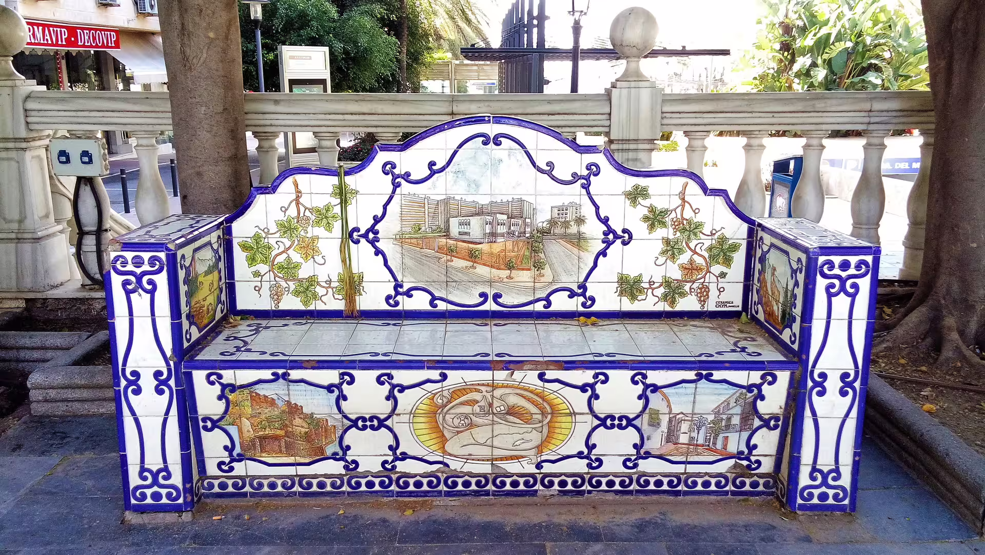 Traditional Andalusian ceramic tile bench in Marbella, scenic stop on Mijas Marbella Puerto Banus group tour