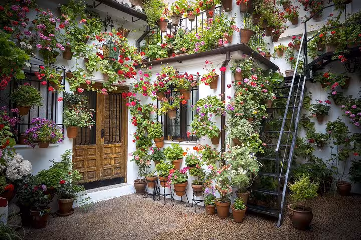 Charming Andalusian courtyard adorned with vibrant flowers, showcasing traditional architecture on a guided tour from Lisbon.