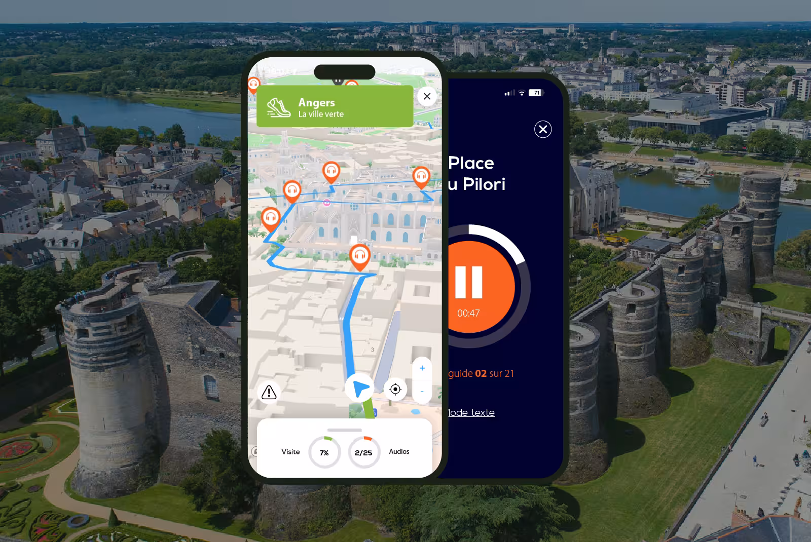 Angers audioguide mobile application interface on smartphone with the castle towers in the background.