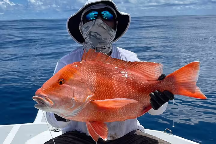 Angler with vibrant red snapper on Seychelles fishing tour, showcasing deep-sea fishing adventure.