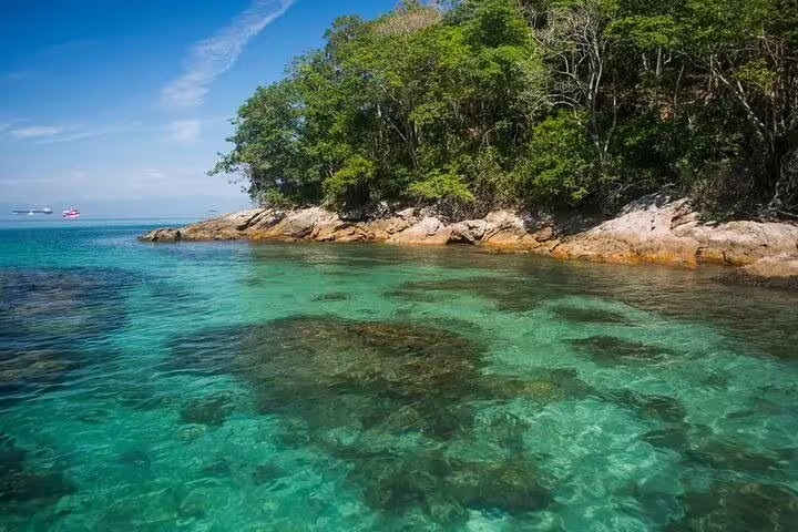 Scenic view of crystal-clear waters and lush greenery at Angra dos Reis, perfect for boat tours and relaxation.
