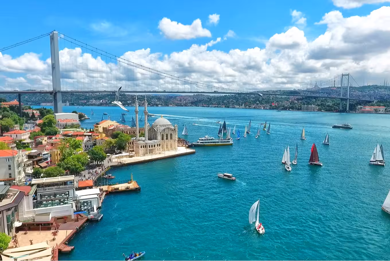 Turquoise bay with boats on the Antalya coast
