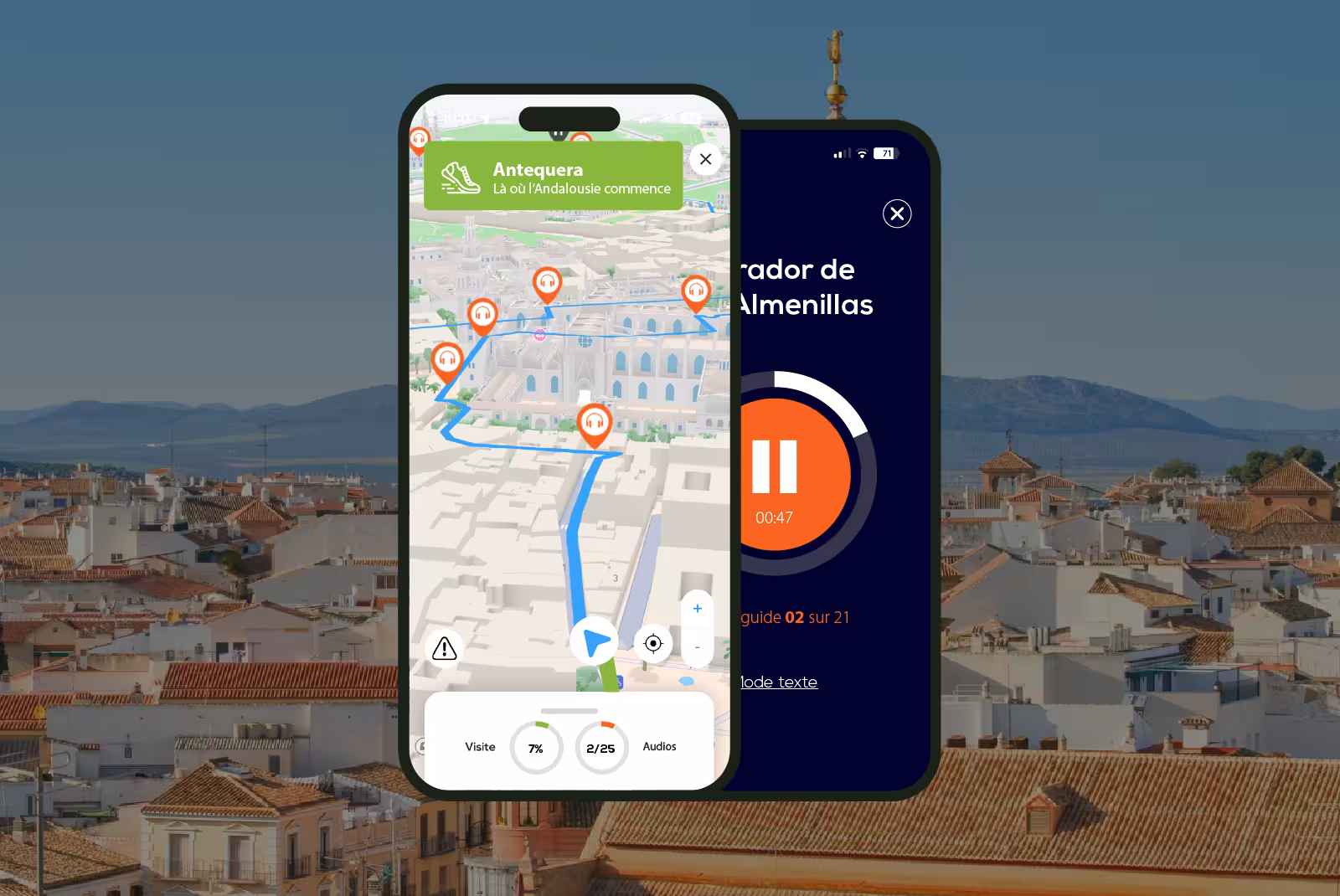 Antequera audioguide mobile application interface on smartphone with the roofs of the city in the background.