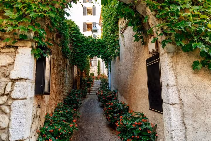 Narrow ivy-covered stone alleyway with red flowers in Antibes old town