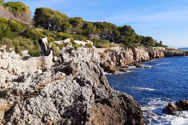 Rocky coastline with ancient stone ruins and pine trees overlooking the blue Mediterranean Sea in Antibes, French Riviera