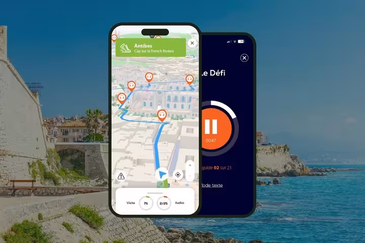 Antibes self-guided walking tour app showing GPS map route and audio guide on two smartphones