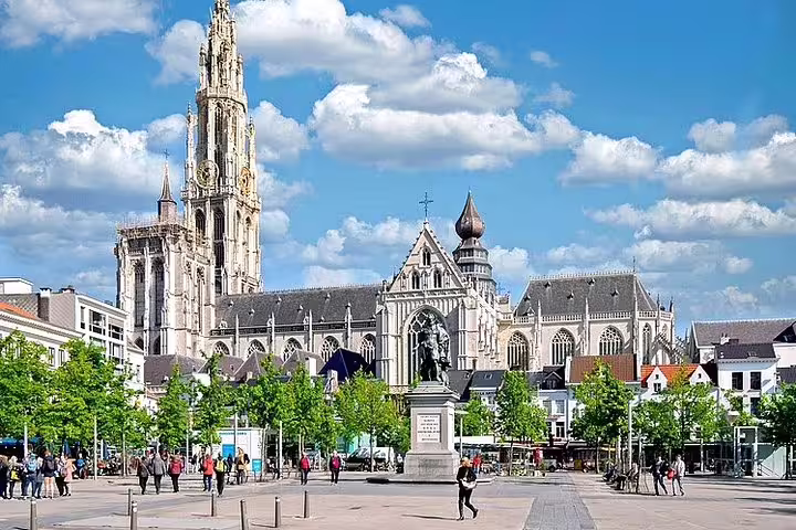 Antwerp Cathedral of Our Lady and Groenplaats square, key stop on a self-guided e-scavenger hunt walking tour