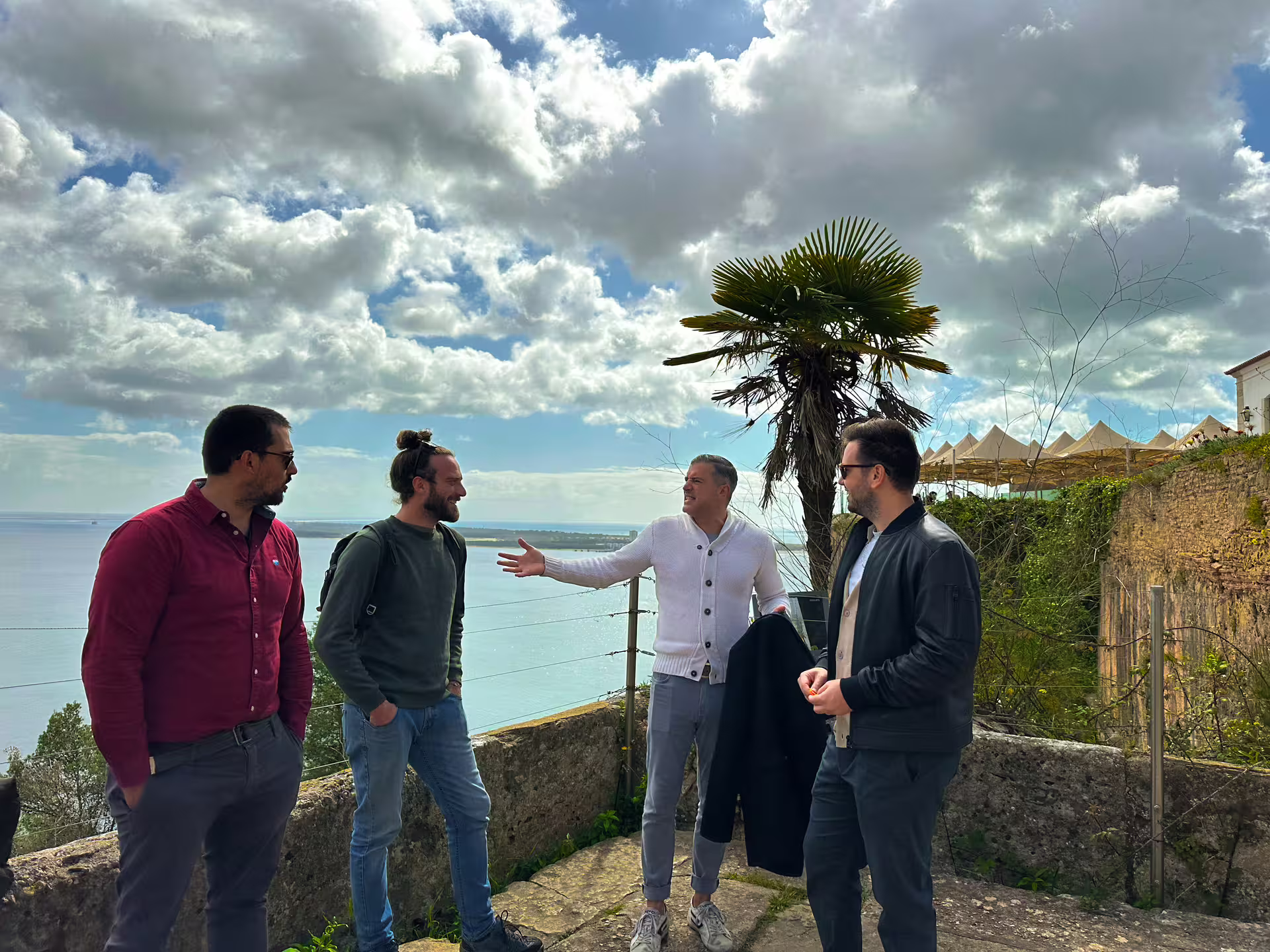 Tour group enjoys a panoramic view of the coastline under a palm tree in Arrábida on the Blue Coast tour.