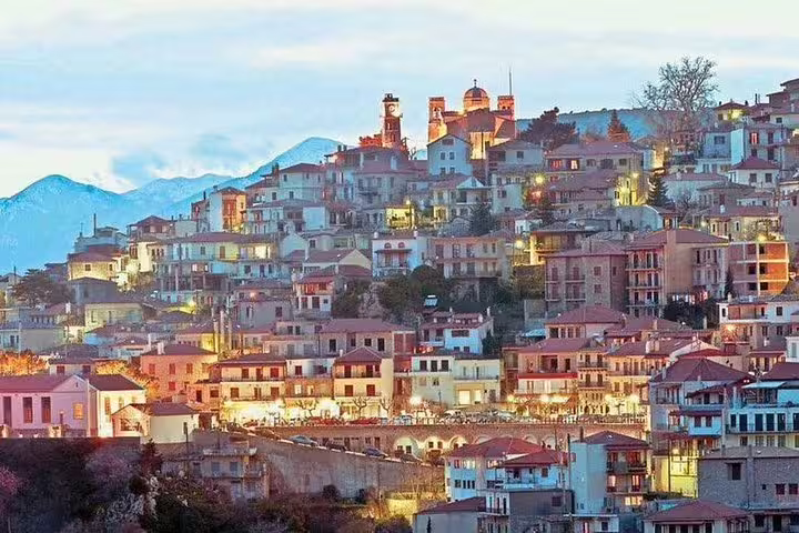 Arachova hillside village at sunset near Delphi, Greece, scenic stop on full-day Delphi tour with lunch