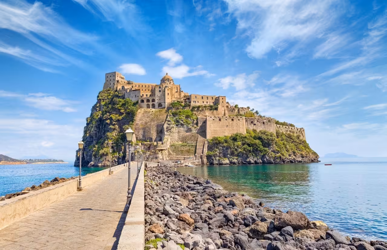 Aragonese Castle Ischia from the causeway over the sea, highlight of English guided tour with hotel transfer