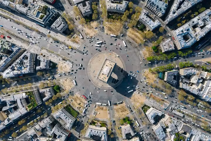 Aerial view of Place Charles de Gaulle roundabout around Arc de Triomphe, key highlight on private Paris tour