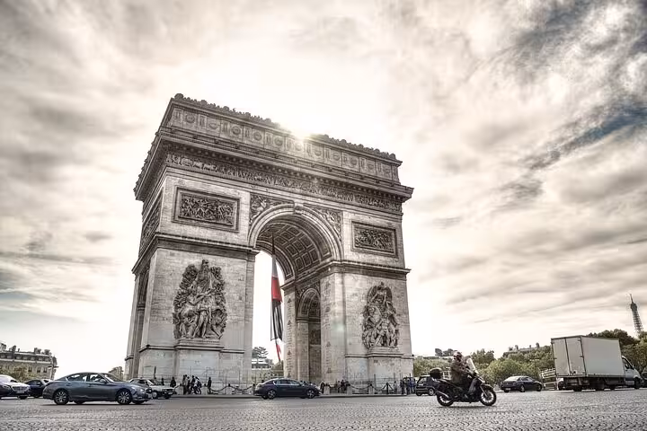 Arc de Triomphe view from street level, highlight of private Paris tour via Champs-Élysées stroll