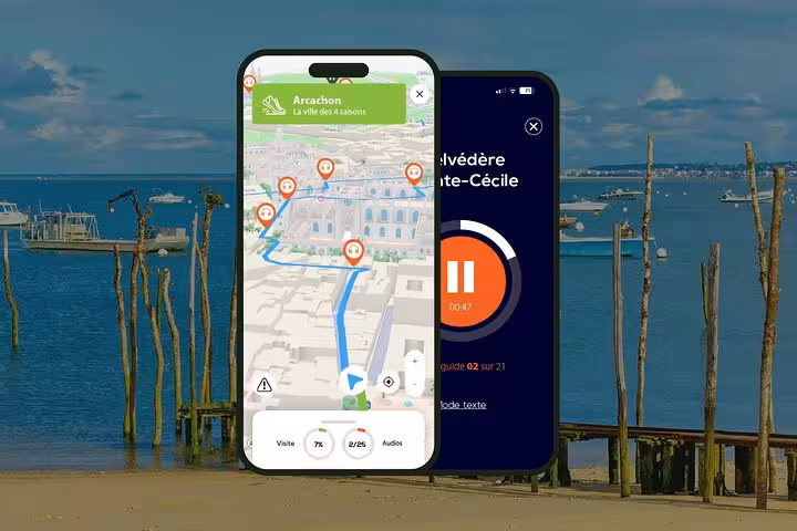 Arcachon self-guided audio walking tour app showing 3D map with audio guide playback on two smartphones