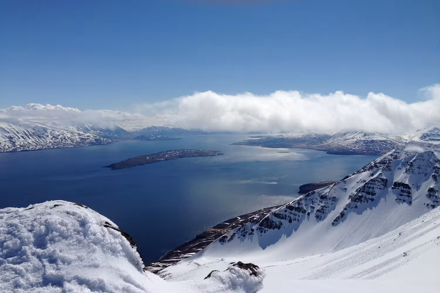 Scenic Arctic coastline with snow-covered mountains and vast blue sea under a clear sky.