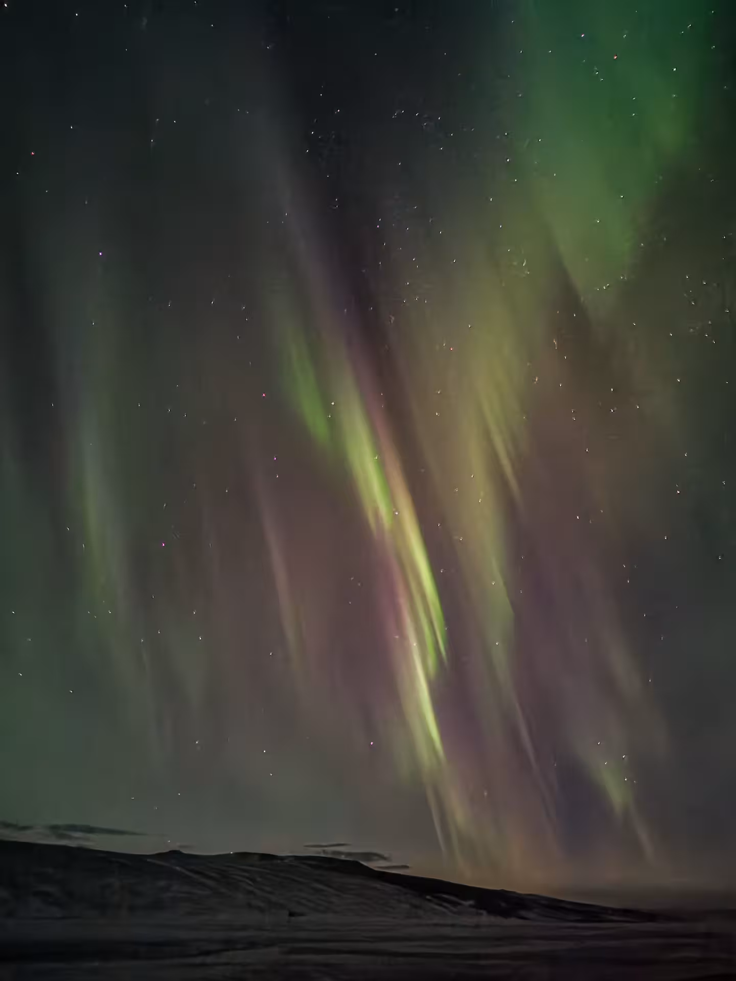 Dancing green and purple aurora over Arctic tundra night sky on Private Adventure Arctic Odyssey tour