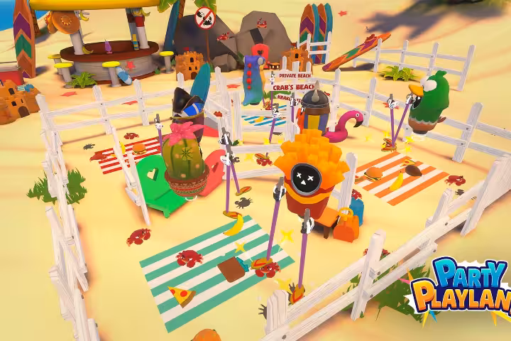 Arena 18 beach arena scene with fenced sand court, playful props, picnic mats, and Party Playland décor