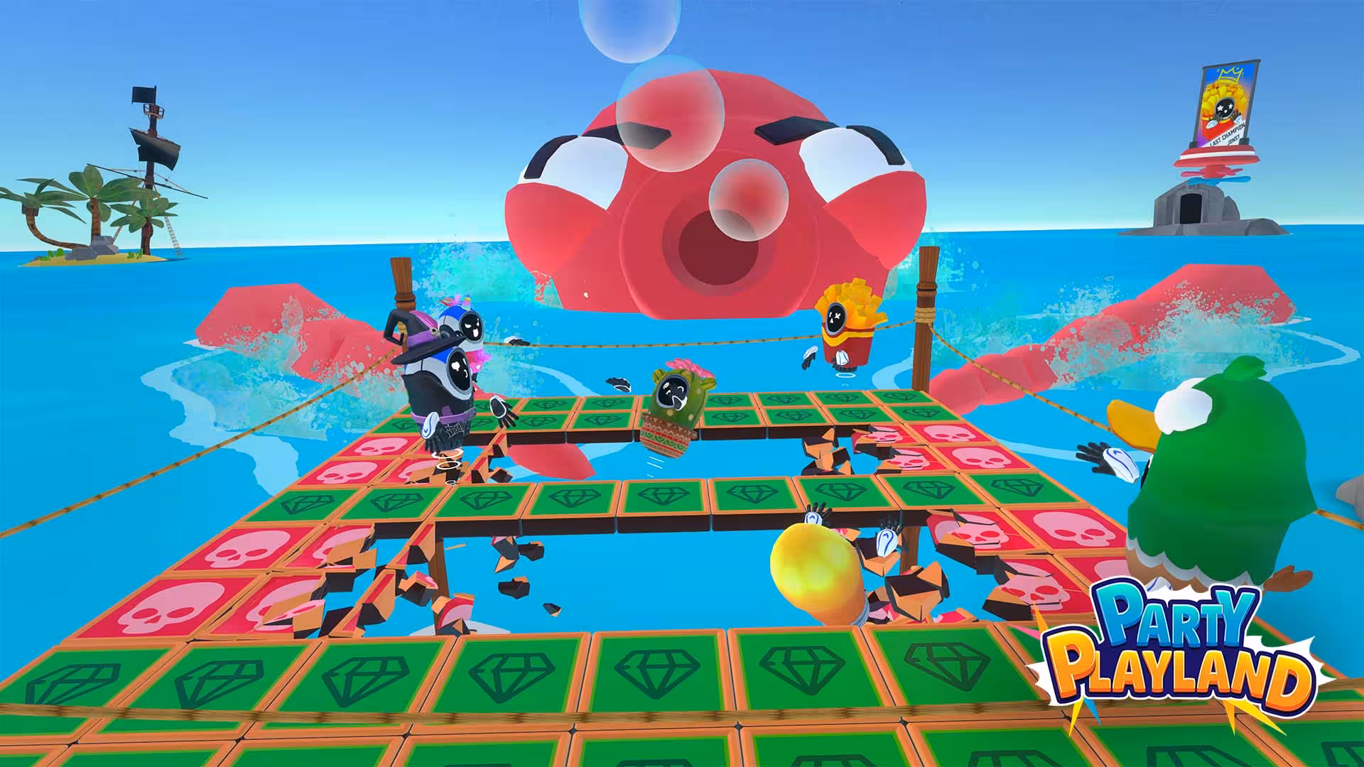 Arena 18 Party Playland ocean battle arena as tiles collapse, players jump to safe gem squares and avoid hazards