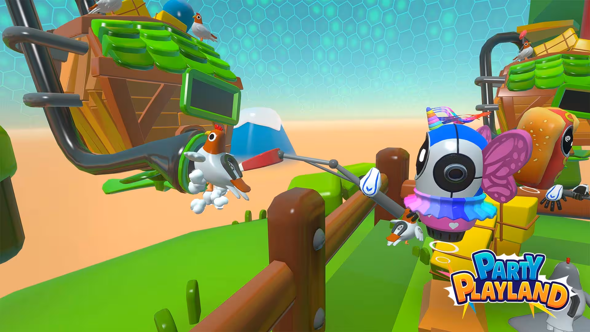 Arena 18 immersive VR arena with robot unicorn avatar grabbing a chicken in Party Playland obstacle course