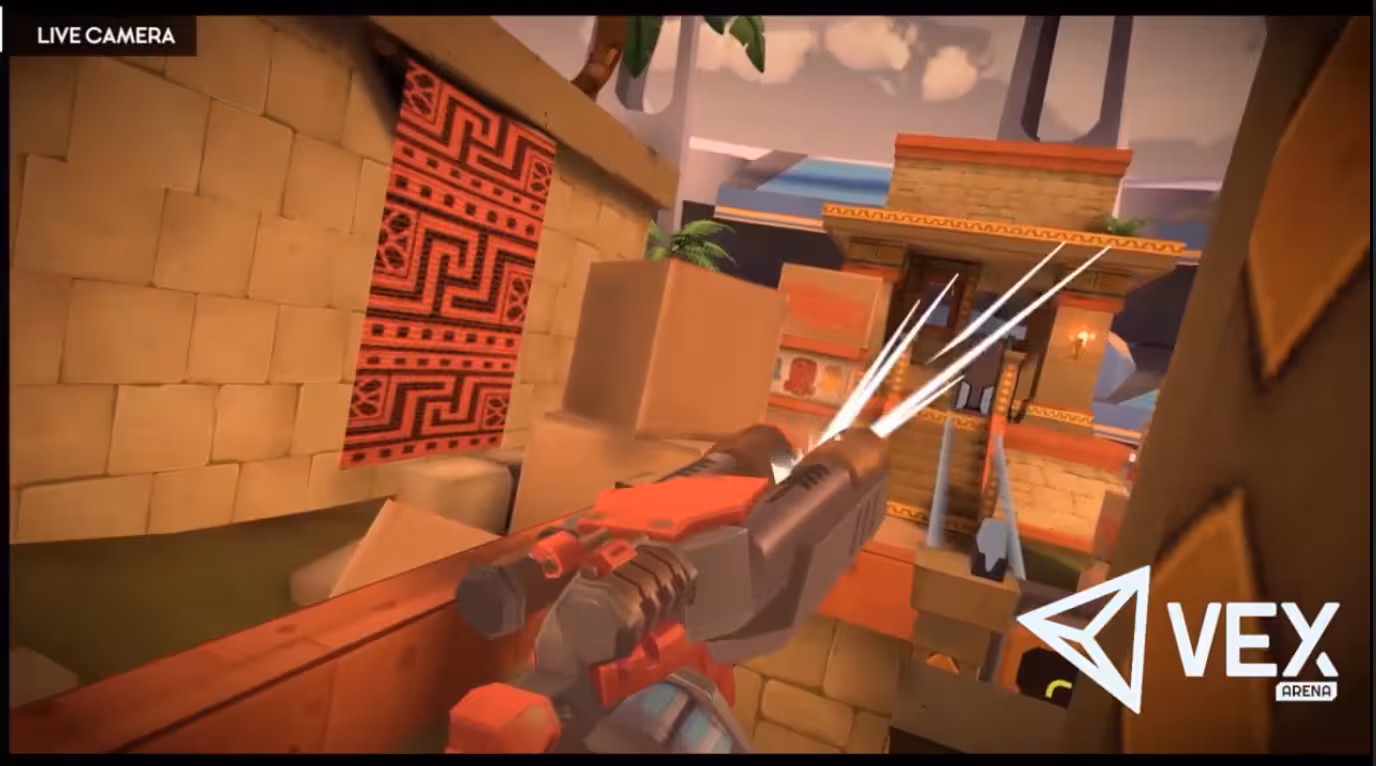 Arena 18 first-person VR shooter firefight in a desert temple arena with blaster fire and narrow corridors