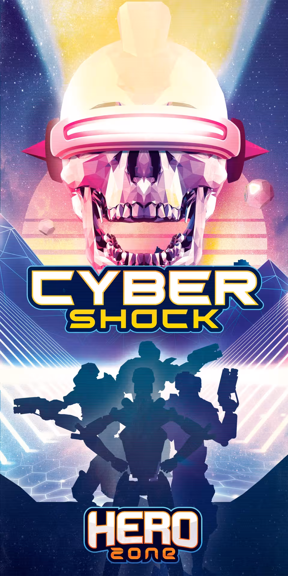 Cyber Shock VR poster for Arena 25 with futuristic skull visor and hero team silhouettes in neon sci-fi style