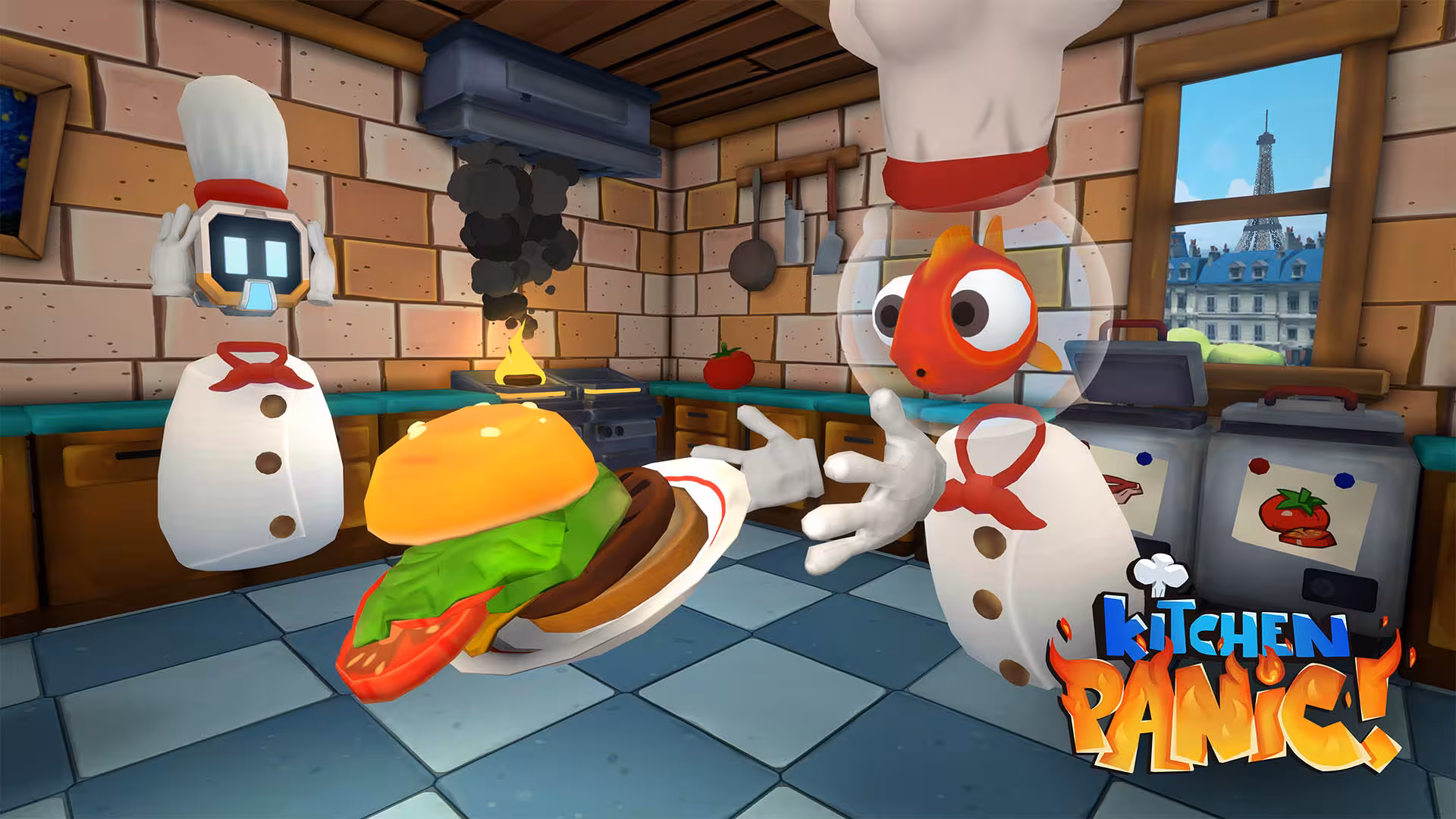 Arena 25 Kitchen Panic VR cooking challenge with robot chefs and giant burger in a Paris kitchen setting