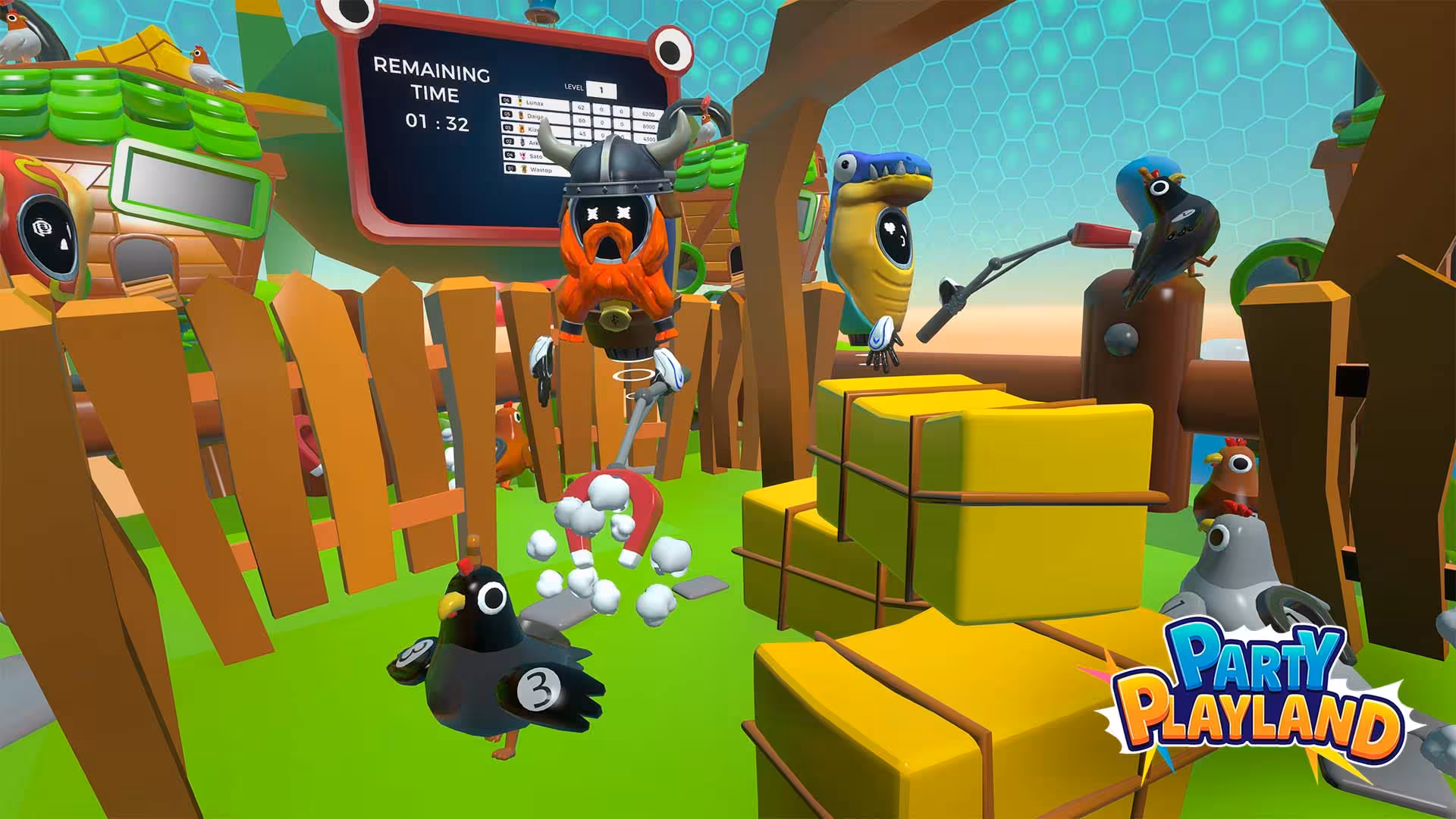 Arena 25 family VR party arena with colorful mini-game characters, hay bales, and timed scoreboard challenge