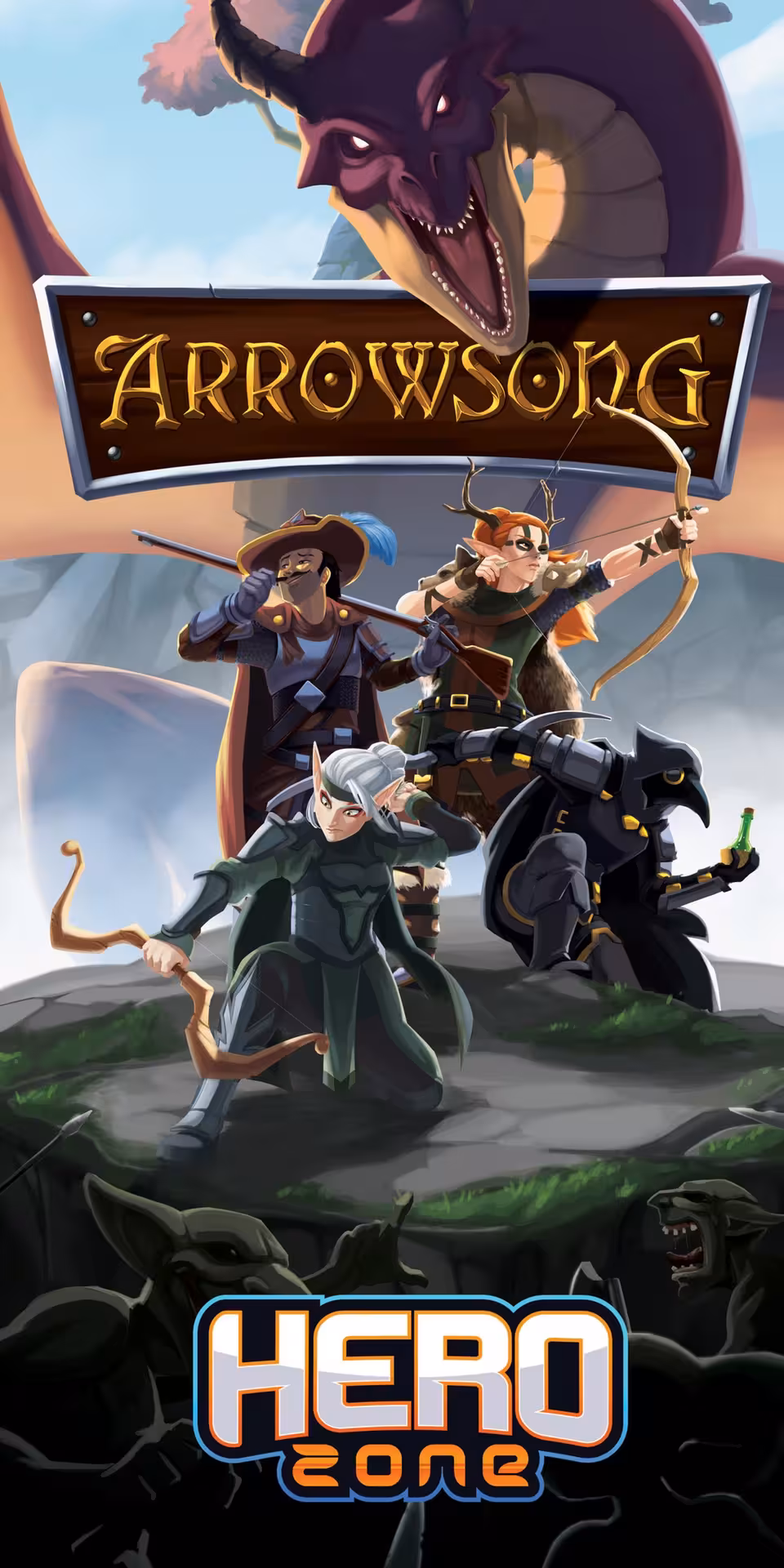 Arena 40 Arrowsong fantasy poster with archers and dragon, epic VR adventure quest in immersive arena gameplay