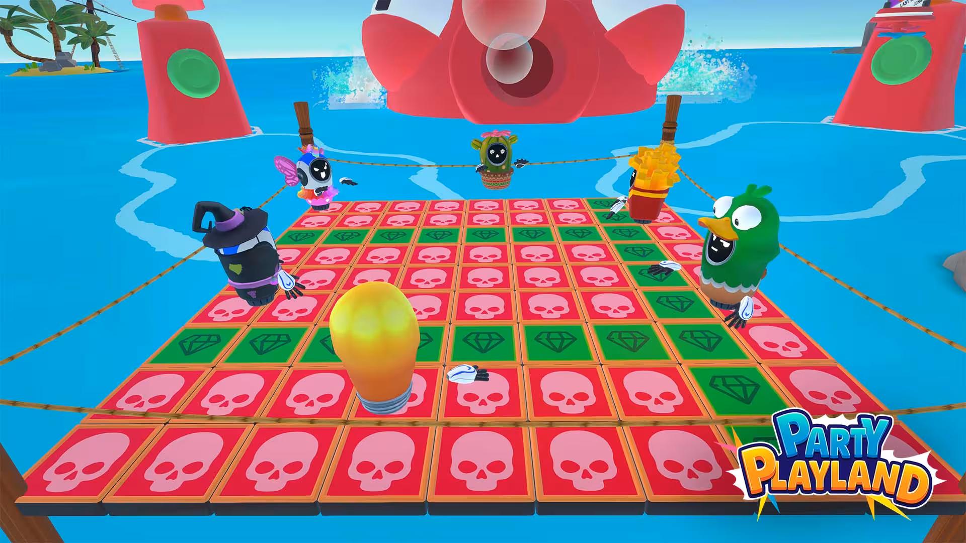 Arena 40 game arena on ocean raft with colorful tiles, cartoon players, and giant red octopus obstacle