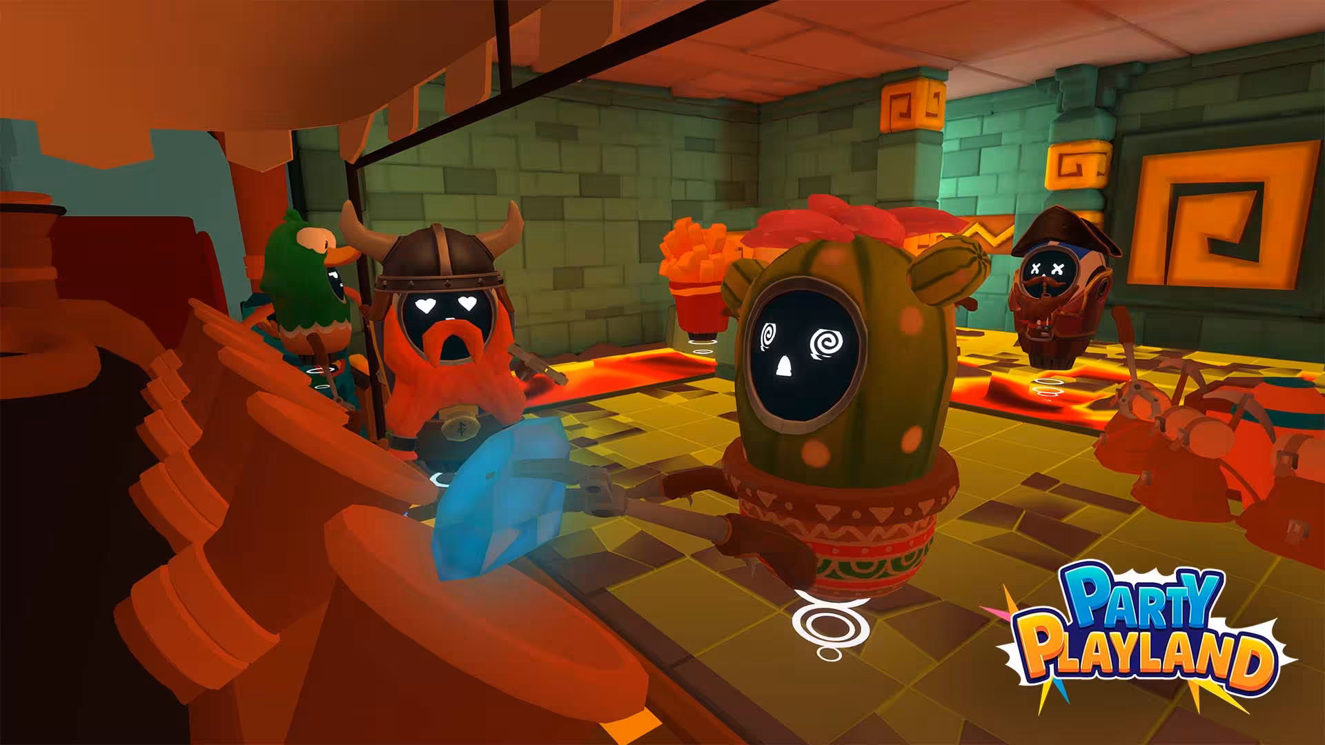 Arena 40 Party Playland VR temple arena battle scene with quirky characters dodging hazards in a lava room