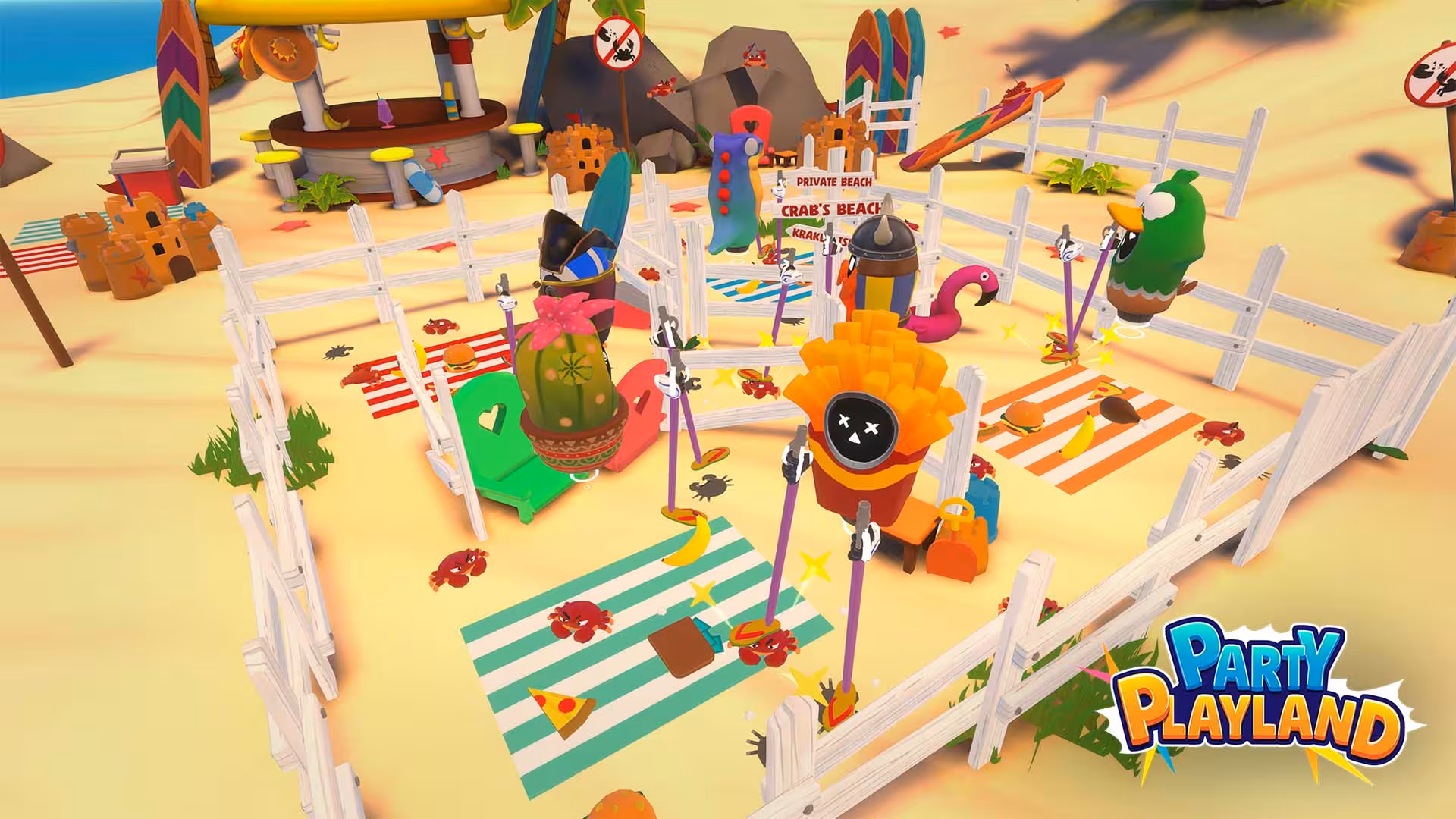 Arena 40 VR party game level on sunny beach arena with mini games, obstacles and colorful characters