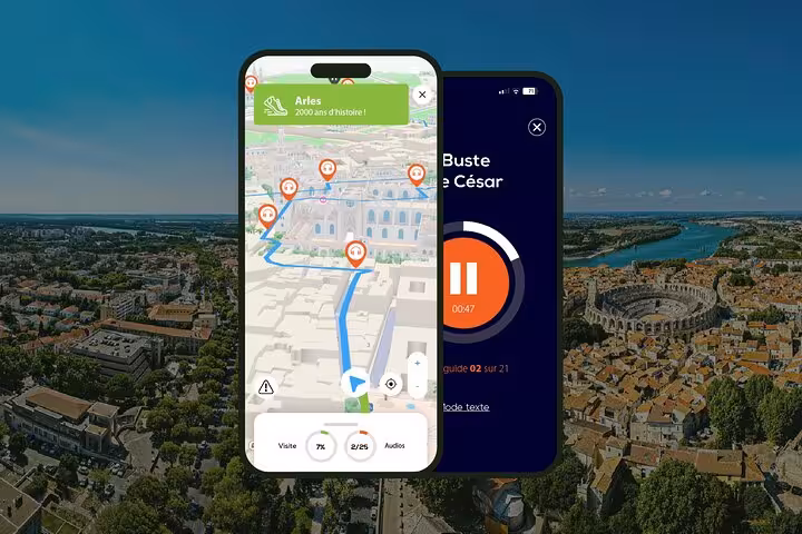 Arles self-guided walking tour app showing GPS map with audio guide and Caesar bust stop on smartphone screens