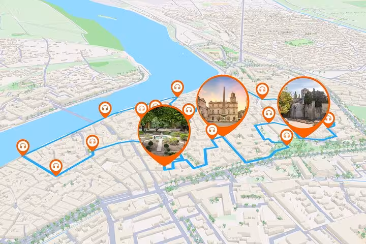Interactive GPS map of Arles self-guided walking tour with orange audio guide pins marking landmarks