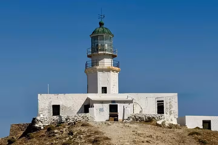 Armenistis Lighthouse on Mykonos, iconic coastal landmark stop on a private Mykonos highlights tour