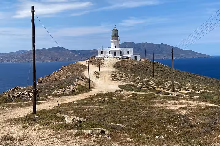 Armenistis Lighthouse viewpoint on Mykonos, scenic stop on a private island experience tour at your pace