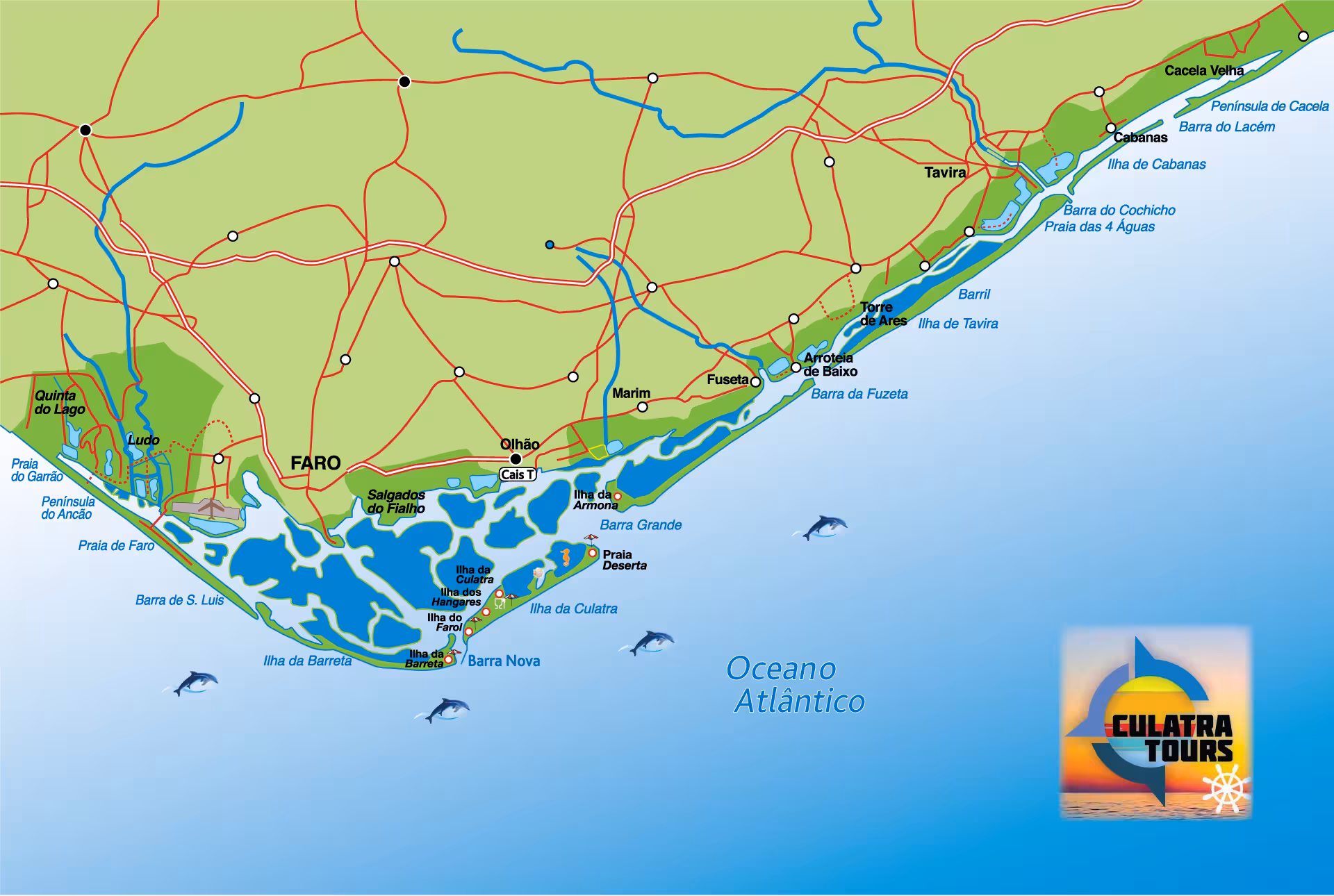 Map highlighting Armona Island, Culatra Island, and Algarve coastline for a scenic island tour experience.